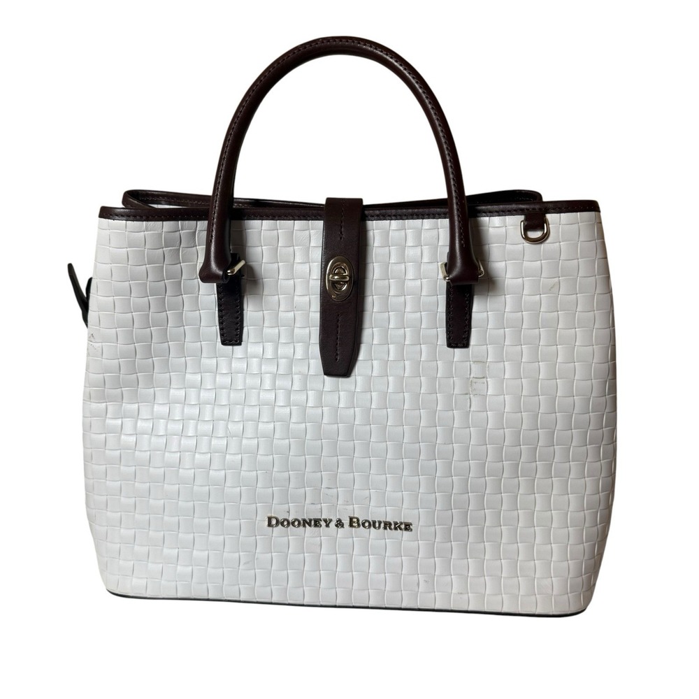 DOONEY & BOURKE Woven Leather Embossed Satchel Bag White Brown Trim Quiet Luxury